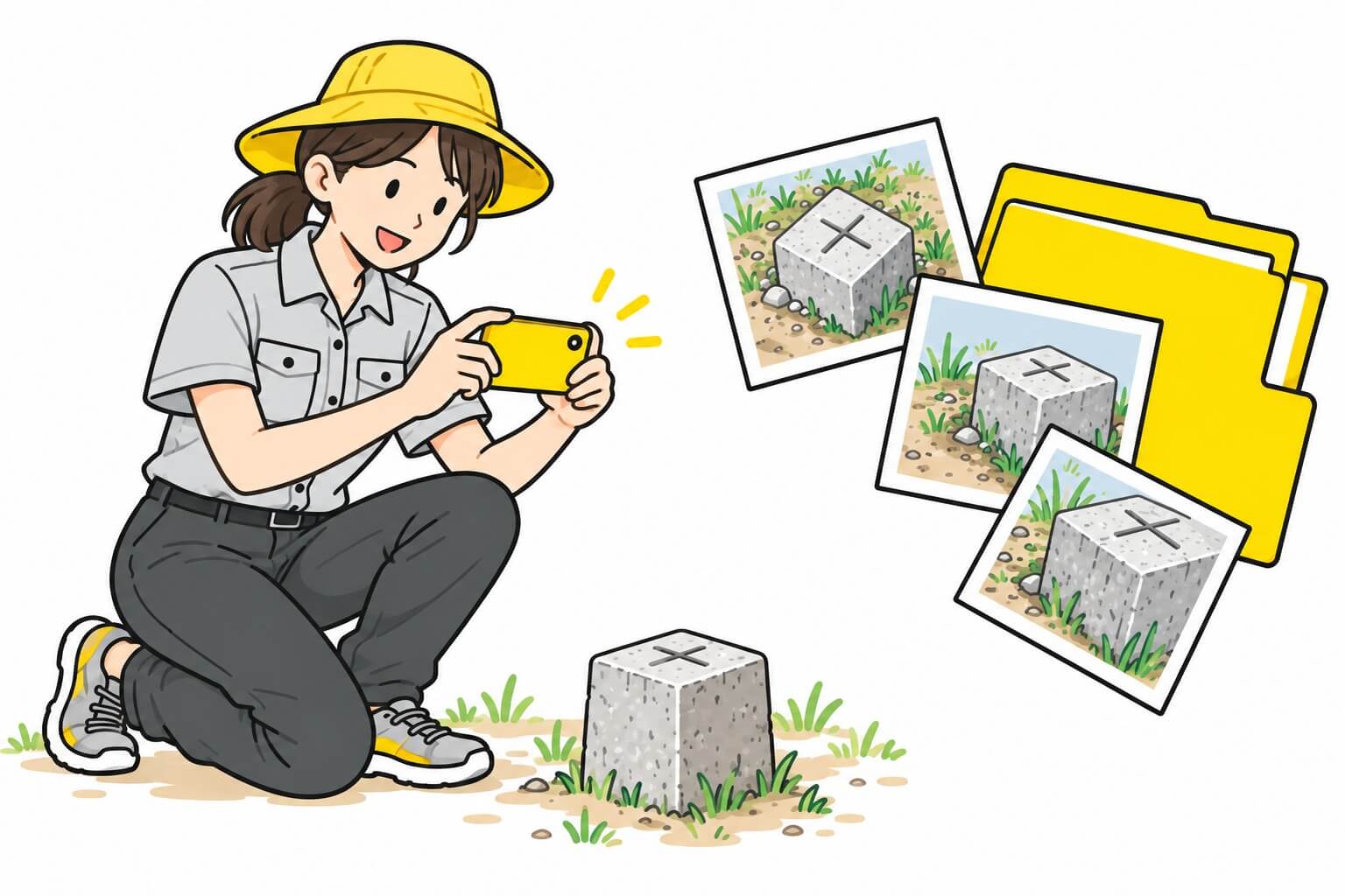 半袖作業着と日よけ帽の女性が境界標をスマホで撮影し写真をまとめるイラスト