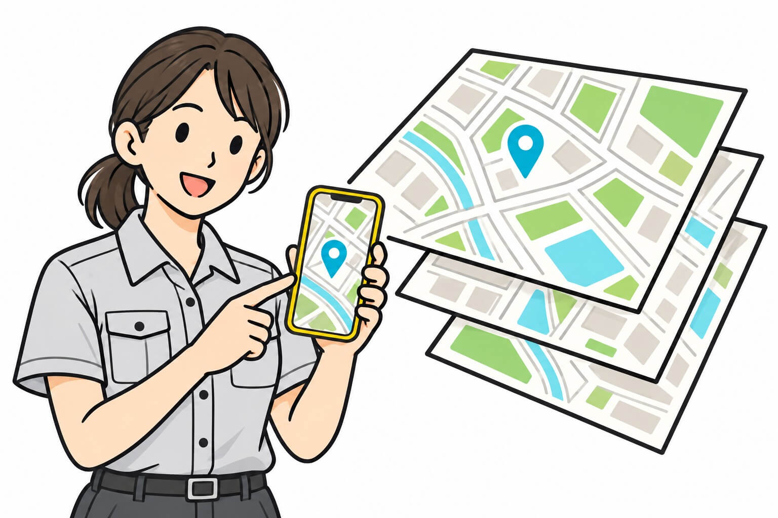 スマホ上で図面や地図を確認する人物のイラスト