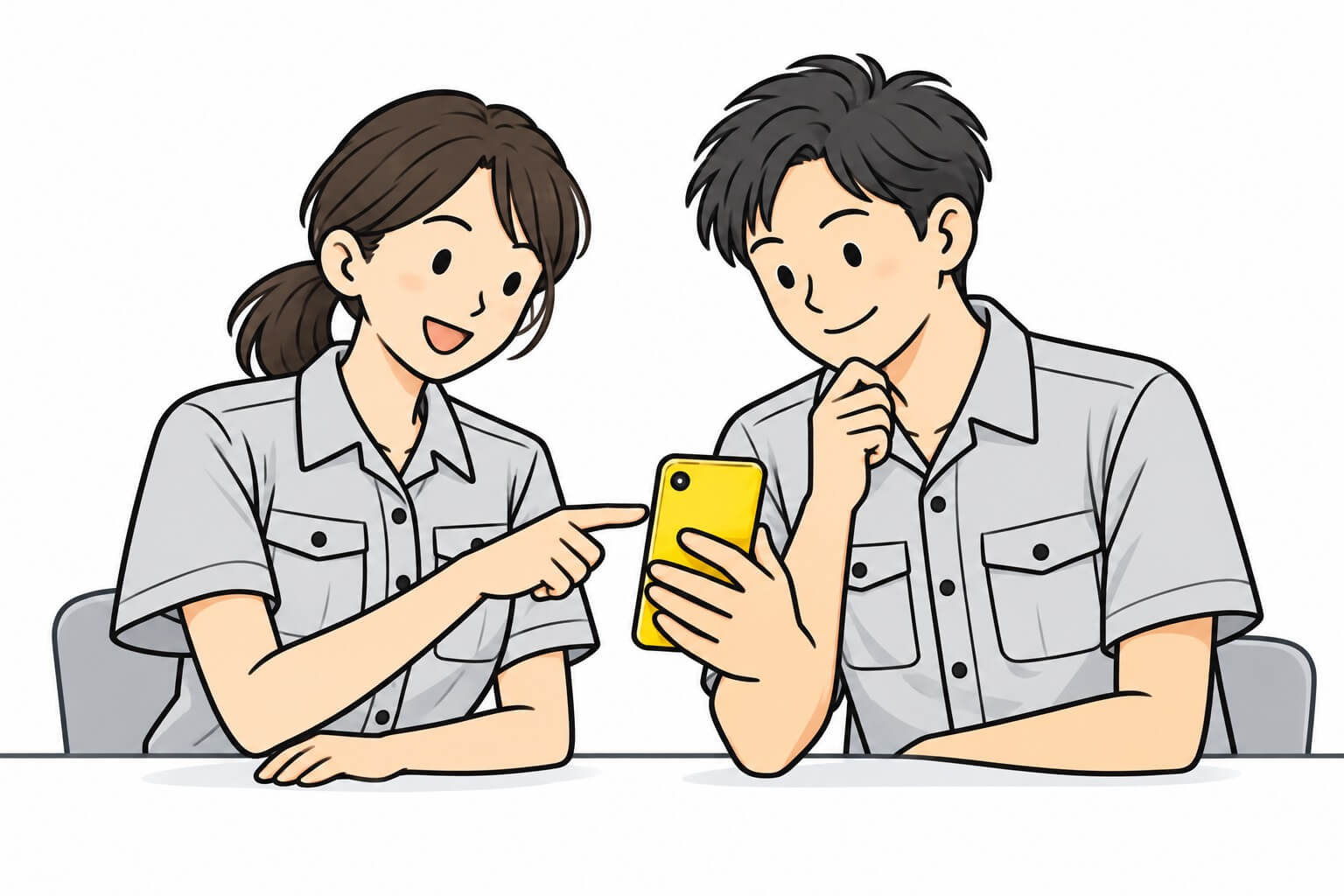 新人男性と先輩女性がスマホを見ながら操作を練習するイラスト