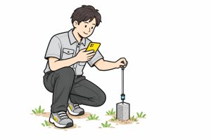 プリズムを持って測設点を確認する人物のイラスト